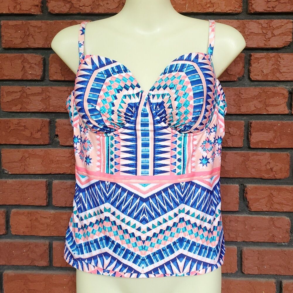 Kenneth Cole Tankini Swimming Suit Top Women L Colorful Geometric Bold Pink Blue